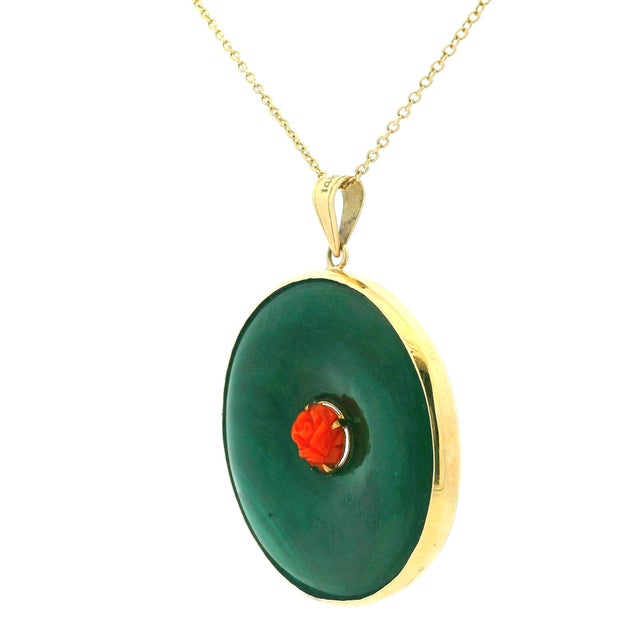 Jade Vintage Italian 14k Gold Jade and Carved Coral Statement Pendant For Sale - Image 8 of 11
