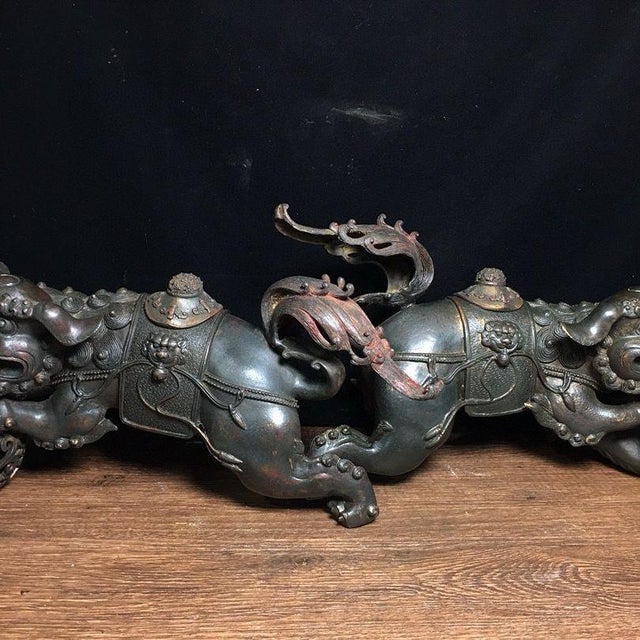 Late 20th Century Pair of Large Bronze Guardian Lion Incense Burners – 15" Foo Dog Censers With Ball & Cub For Sale - Image 5 of 9