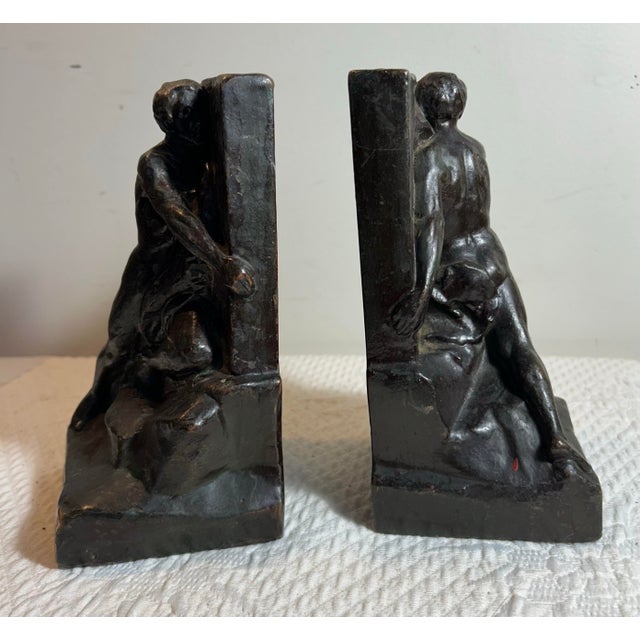 Antique Pompeian Bronze Clad Bookends Figural Man ‘The Builder’ For Sale In Philadelphia - Image 6 of 8