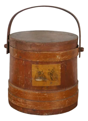 Antique Primitive Pine Bentwood Farmhouse Firkin Lidded Bucket Basket Bail