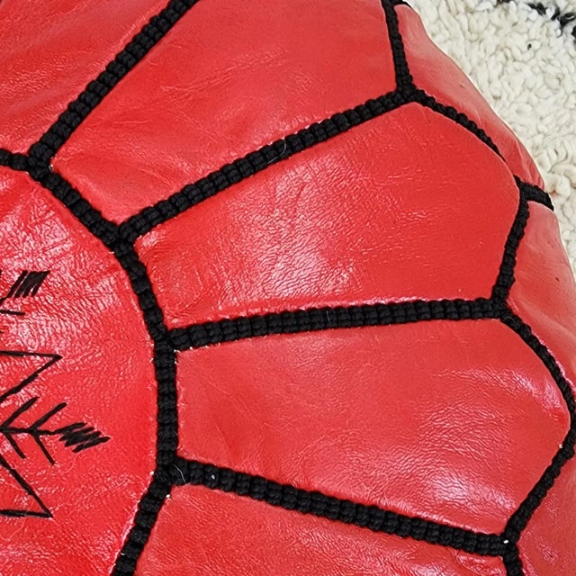Handcrafted Moroccan Leather Pouf Cover – Red Genuine Goat Leather, Hand-Stitched in Marrakech For Sale - Image 4 of 7