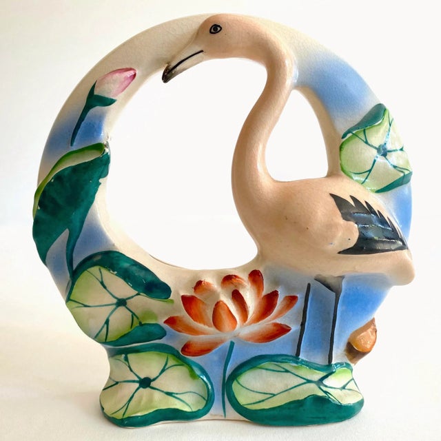 Vintage Art Deco 1940's Japan Art Pottery Hand Painted Flamingo