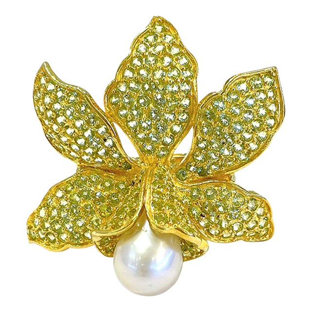 Bochic “Orient” Peridot & Pearl Cocktail Ring Set in 18k Gold & Silver Size 6.5 For Sale