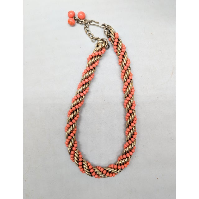 Pink Vintage 1950s Signed Napier Goldtone Spiral Faux-Coral Beaded Collar Necklace For Sale - Image 8 of 8