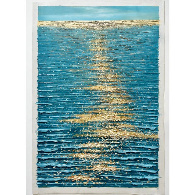 Golden Hour Ocean Reflection | Original Textured Oil Painting — Unstretched, by Samuel H. (24" X 36") For Sale - Image 4 of 6
