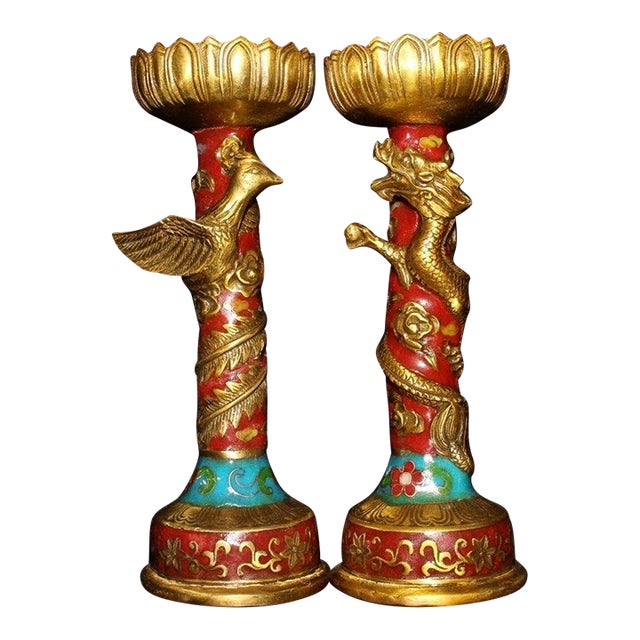 Vintage Pair of Cloisonne Candlesticks - Dragon & Phoenix Motif For Sale
