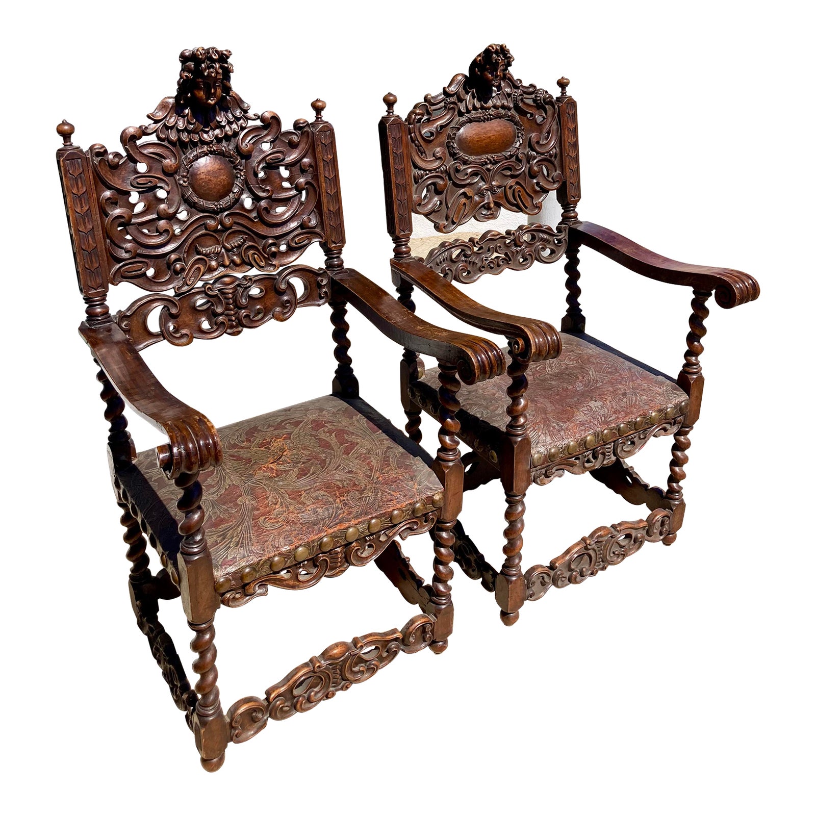 16th Century French Renaissance Carved Arm Chairs With Original Leather ...