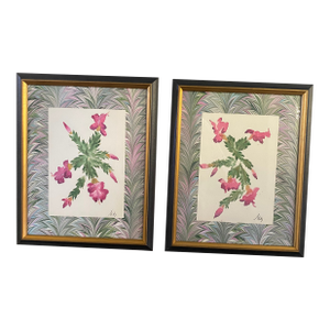 Pair of Original Botanical Watercolors With Marble Paper Matting - Christmas Cactus
