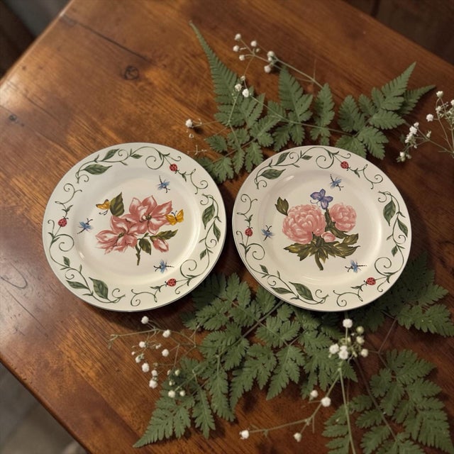 Vintage Botanical Garden Dinner Plates - a Pair. The Botanical Garden pattern by Tabletops Unlimited features hand-painted...