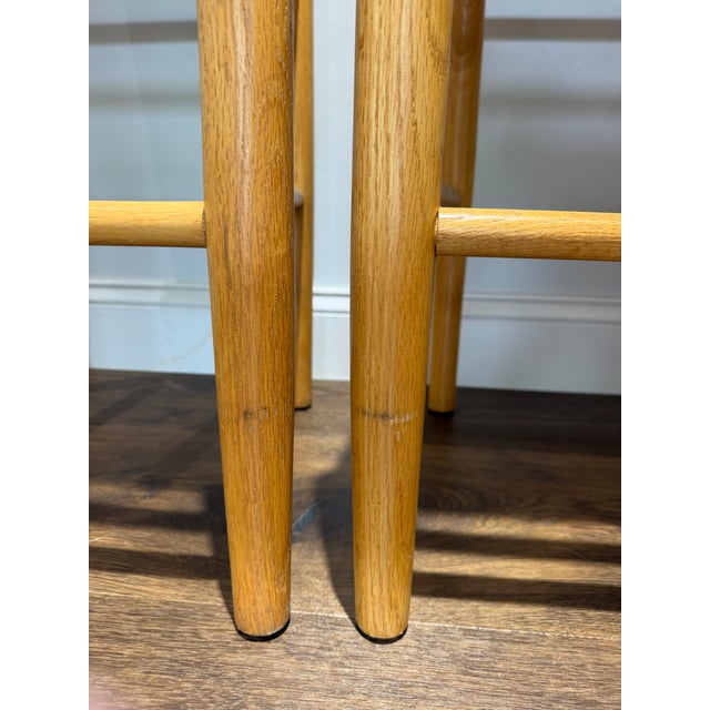 1970s Set of 3 Danish Modern Style Oak Counter Stools With Rush Seats For Sale - Image 13 of 15