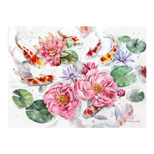 Koi Fish and Peonies - Colorful Watercolor Painting Original Artwork by Anna Kudriashova