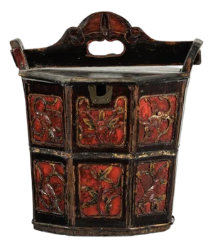 Late Qing Chinese Red and Black Lacquered Wood Rice Measure Bucket with Carved Panels