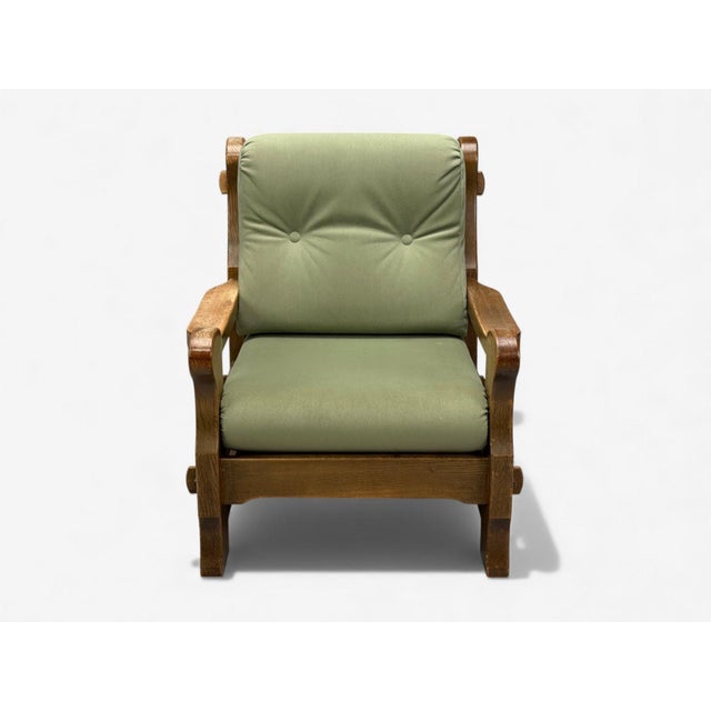 Danish Modern, Oak, Green Nubuck, Brutalist Lounge Chair, Denmark, 1960s A substantial brutalist style lounge chair...