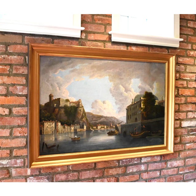 Beautiful Antique Painting, Oil on Canvas, Italian School, Realsim, Canal, Village, Giltwood Frame, 1800s. 19th Century!...