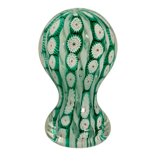 Vintage Murano Style Green and White Millefiori Paper Weight For Sale