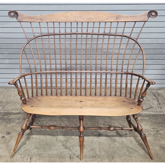 Late 20th Century Windsor Chair Comb Back Bench W Arms, Tiger Maple, Oak & Maple Made in Ohio For Sale - Image 4 of 12
