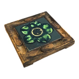 1970s Spanish Tile Trivet in Carved Wood Frame For Sale