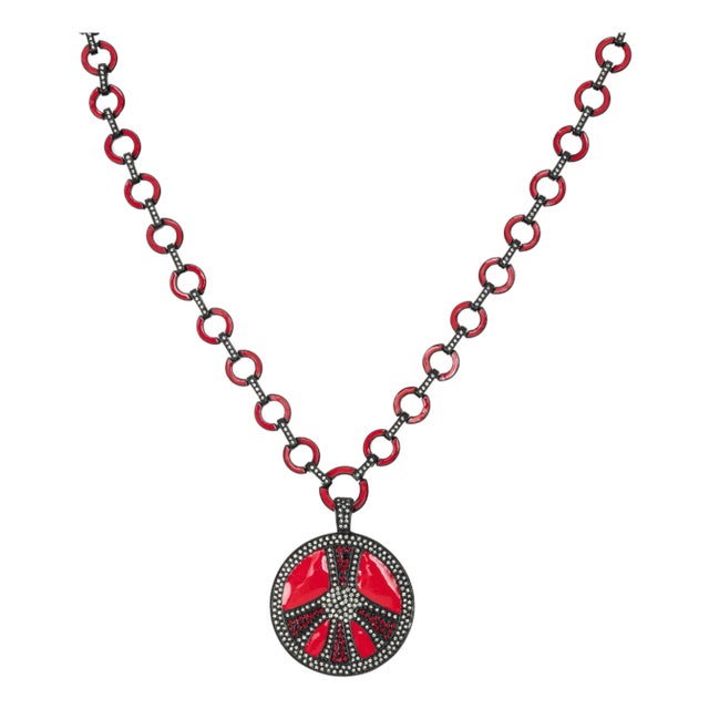 Bochic Ikon Bijoux Collection Red Hot Enamel Retro Necklace With White Topaz For Sale