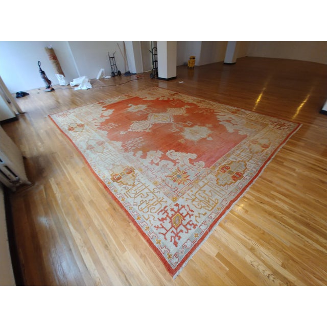 Antique Oushak Carpet, Oriental Rug, Handmade Rug Saffron, Light Blue and Coral For Sale - Image 13 of 18