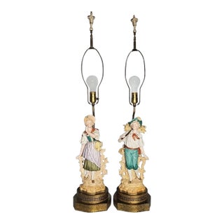 1900s German Boy & Girl Bisque Figures Brass Base Victorian Table Lamps - a Pair For Sale