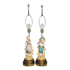1900s German Boy & Girl Bisque Figures Brass Base Victorian Table Lamps - a Pair