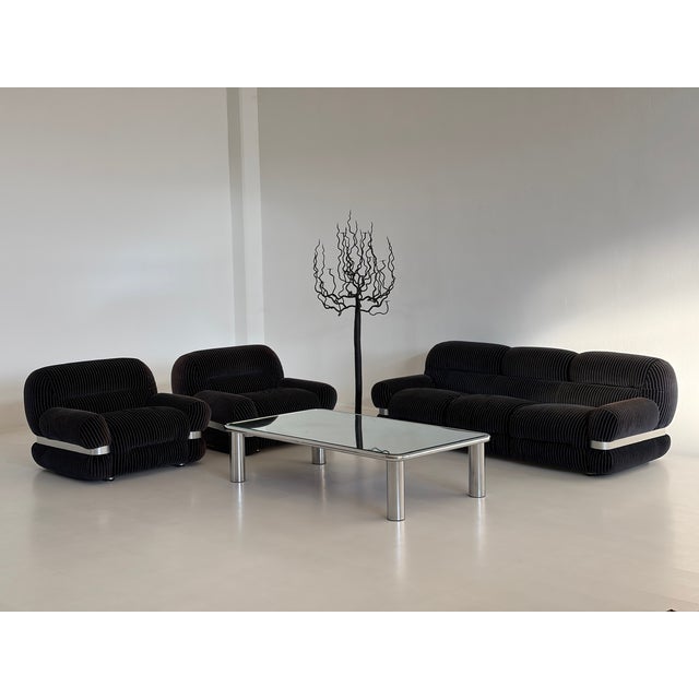 Space Age Living Room Set in Dark Blue Striped Velvet and Metal, 1970s, Set of 3 For Sale - Image 11 of 18