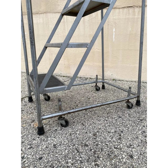 Vintage Ballymore Warehouse Garage 4 Step Metal Rolling Safety Ladder With Rails For Sale In Philadelphia - Image 6 of 10