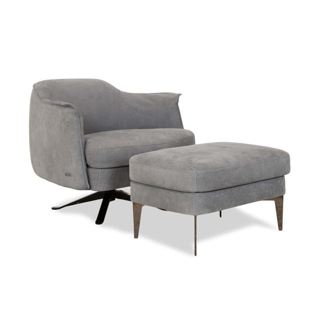 Set of Leather Armchair Grey Blue and Stool from Cierre Boheme For Sale - Image 16 of 16