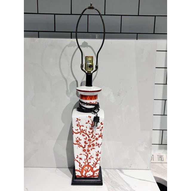 Red Vintage Japanese Porcelain Vase Table Lamp Featuring a Hand-Painted Red Cherry Blossom Floral For Sale - Image 8 of 9