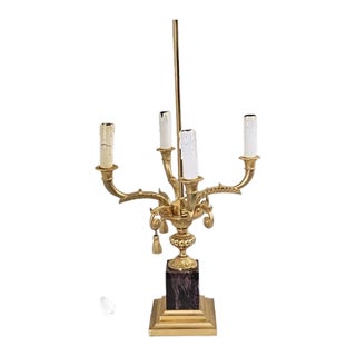 Vintage Laudarte SRL Italy Made Gilt Brass Candelabra Marble Table Lamp For Sale
