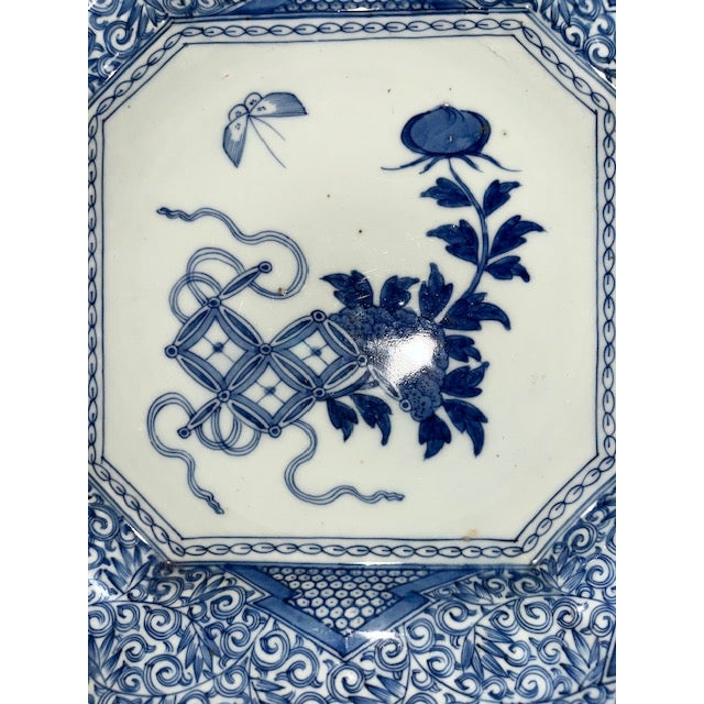 Antique Japanese Octagonal Blue and White Porcelain Plate With Butterly and Floral Design For Sale - Image 4 of 18