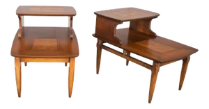 Mid-Century Modern Lane Step End Tables With Inlaid Walnut Burl Style #1927 - a Pair