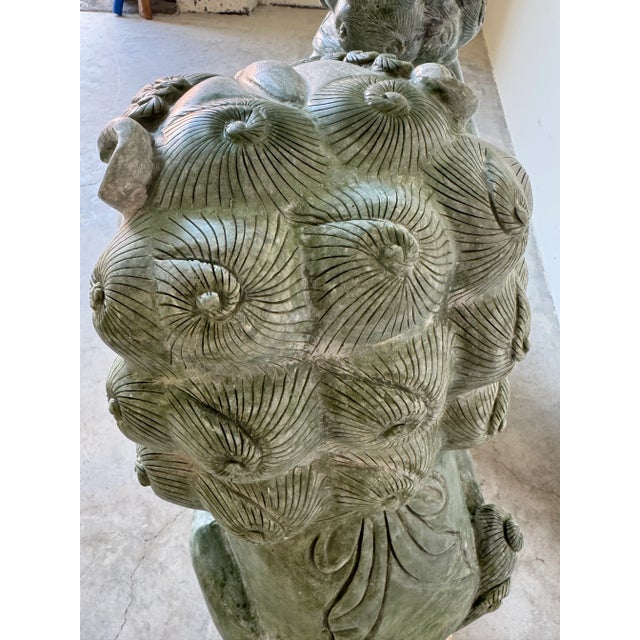 Pair of Large Vintage Chinese Green Soapstone Foo Dog Guardian Sculptures For Sale - Image 11 of 12