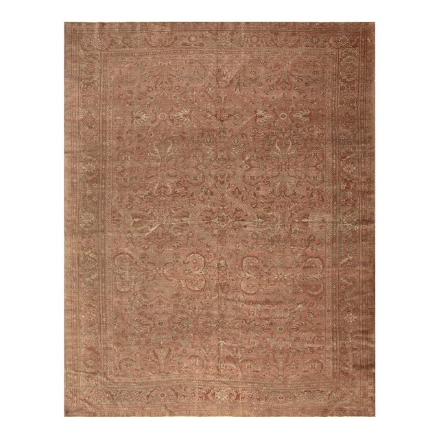 1930s Pink Rose Field Traditional Geometric Antique Knotted Wool Persian Mahal Rug For Sale