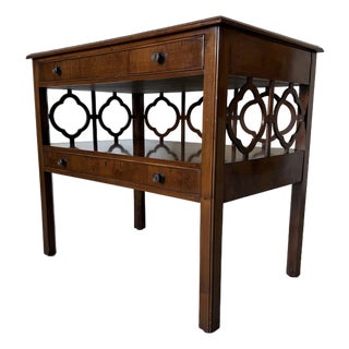 1970s Hollywood Regency Chinoiserie Burl Wood Two-Tier Nightstand / End Table For Sale