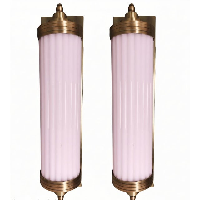 Art Deco Vintage Art Deco Light Old Lamp Wall Sconces Fixture Brass & Pink Glass Rod Ship Light - Pair For Sale - Image 3 of 5