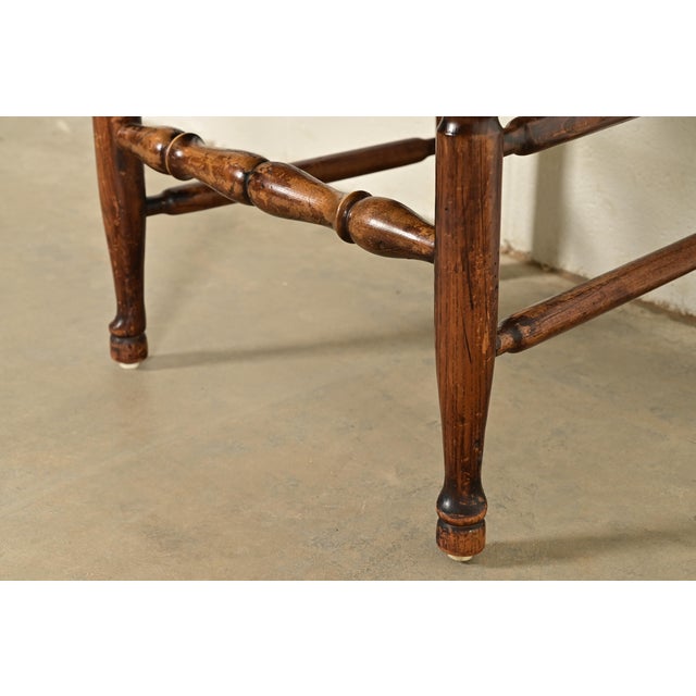 Baker Furniture Style English Country Rustic Carved Solid Oak Ladder Back Dining Chairs With Rush Seats, Pair For Sale - Image 10 of 13