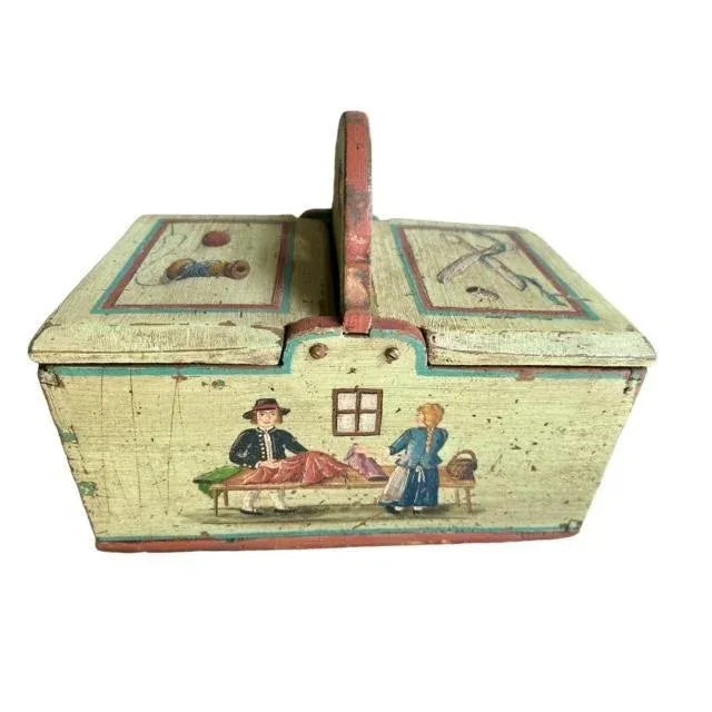 Early 1900s Painted Sewing Box Mountain Chalet Decor For Sale - Image 9 of 11