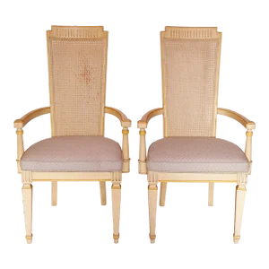 Mid 20th Century French Provincial High Back Cane Upholstery Arm Chairs Set of 2