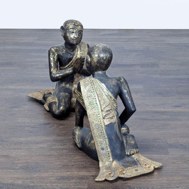 2000 - 2009 Pair of Thai Carved Teak Gilt Buddhist Monk Figures For Sale - Image 5 of 8