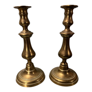 Pair of 10.75" Antique English Brass Push Up Candlesticks Round Bases