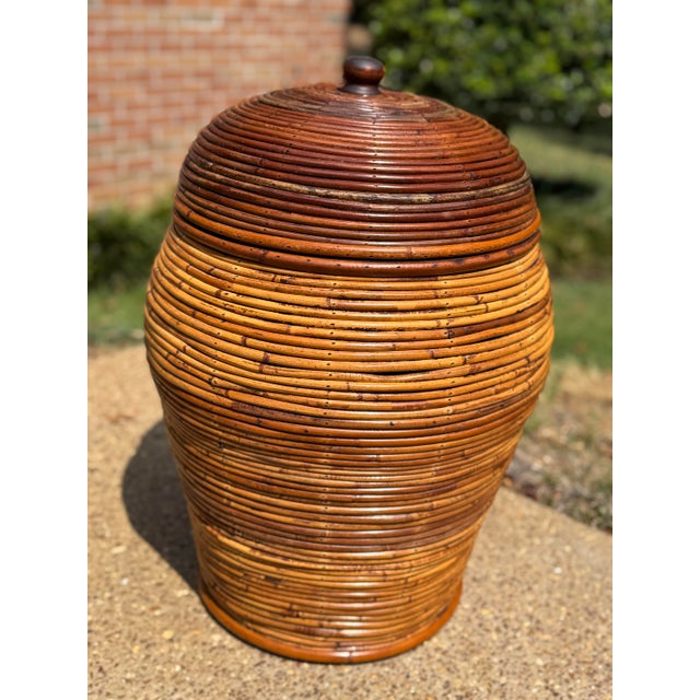 Gabriella Crespi Large Vintage Crespi Style Pencil Reed Rattan Lidded Floor Basket For Sale - Image 4 of 11