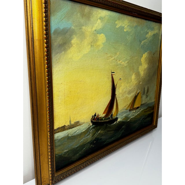 Nautical Georgian Seascape Oil Painting French Fishing Boat Heading Out Brisk Winds For Sale - Image 6 of 11