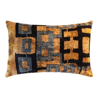 Bronze and Blue Geometric Silk Velvet Pillow 16x24 Handmade Luxury Cushion For Sale