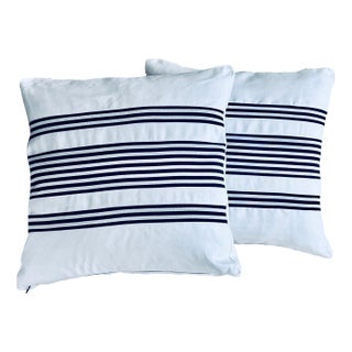 Pair Reversible Cushions/Pillows in Navy Blue Stripes on White For Sale