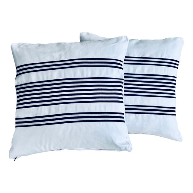 Pair Reversible Cushions/Pillows in Navy Blue Stripes on White For Sale