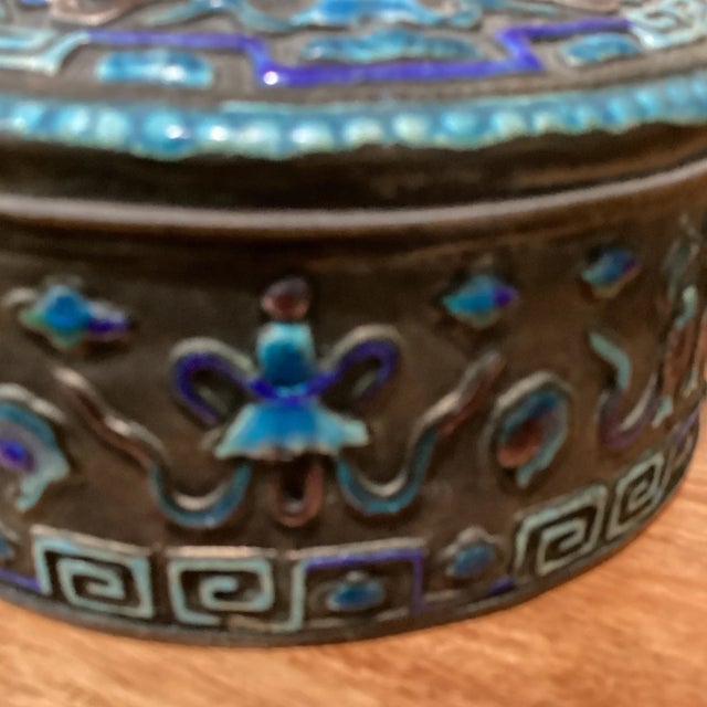 Vintage Chinese Silver on Cooper Multicolored Enameled Asian Motifs Box China For Sale - Image 10 of 12