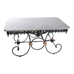 1960s French Bakers Pastry Table Marble Top Scrolling Iron Base