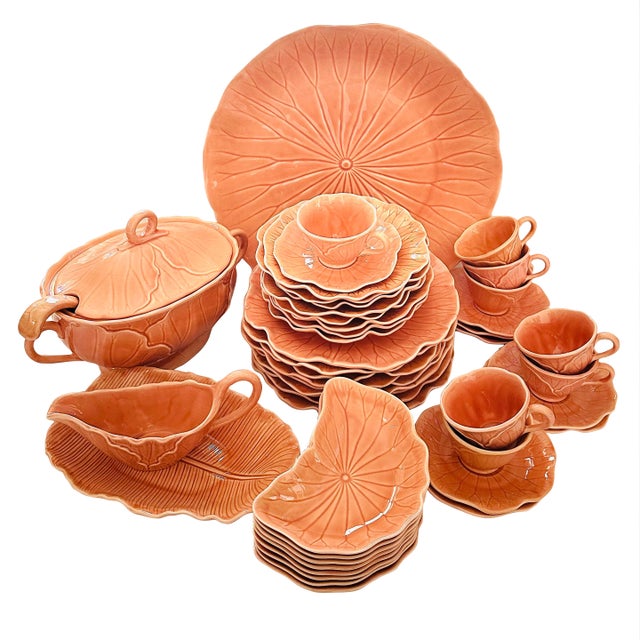 Vintage Peach "Lotus" Dinnerware Set of 45 by Metlox For Sale