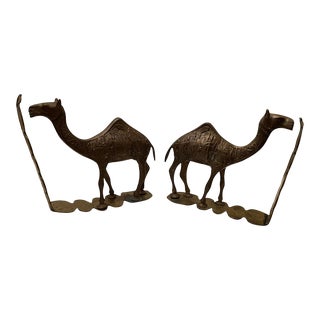 Vintage Mid-Century Brass Camel Bookends With Ornate Hieroglyphs and Symbols - a Pair For Sale